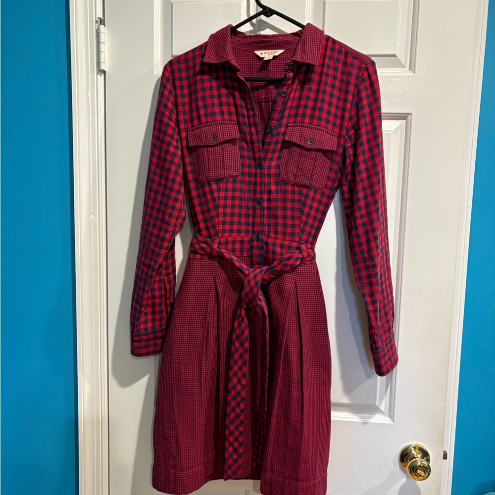 Brooks Brothers cotton flannel midi dress red navy blue plaid  check sz 8 M